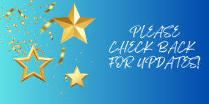 this image is a blue gradient background with gold stars on it. It has the text, "check back for updates" on it as well.